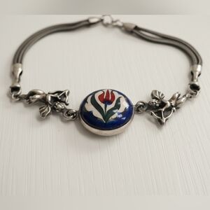 Vintage Turkish Tulip Ceramic Cupid Link Bracelet 925